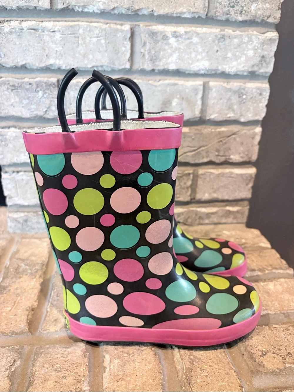Western Chief Kids Black Rain Boots with Pink, Teal & Lime Polka Dots